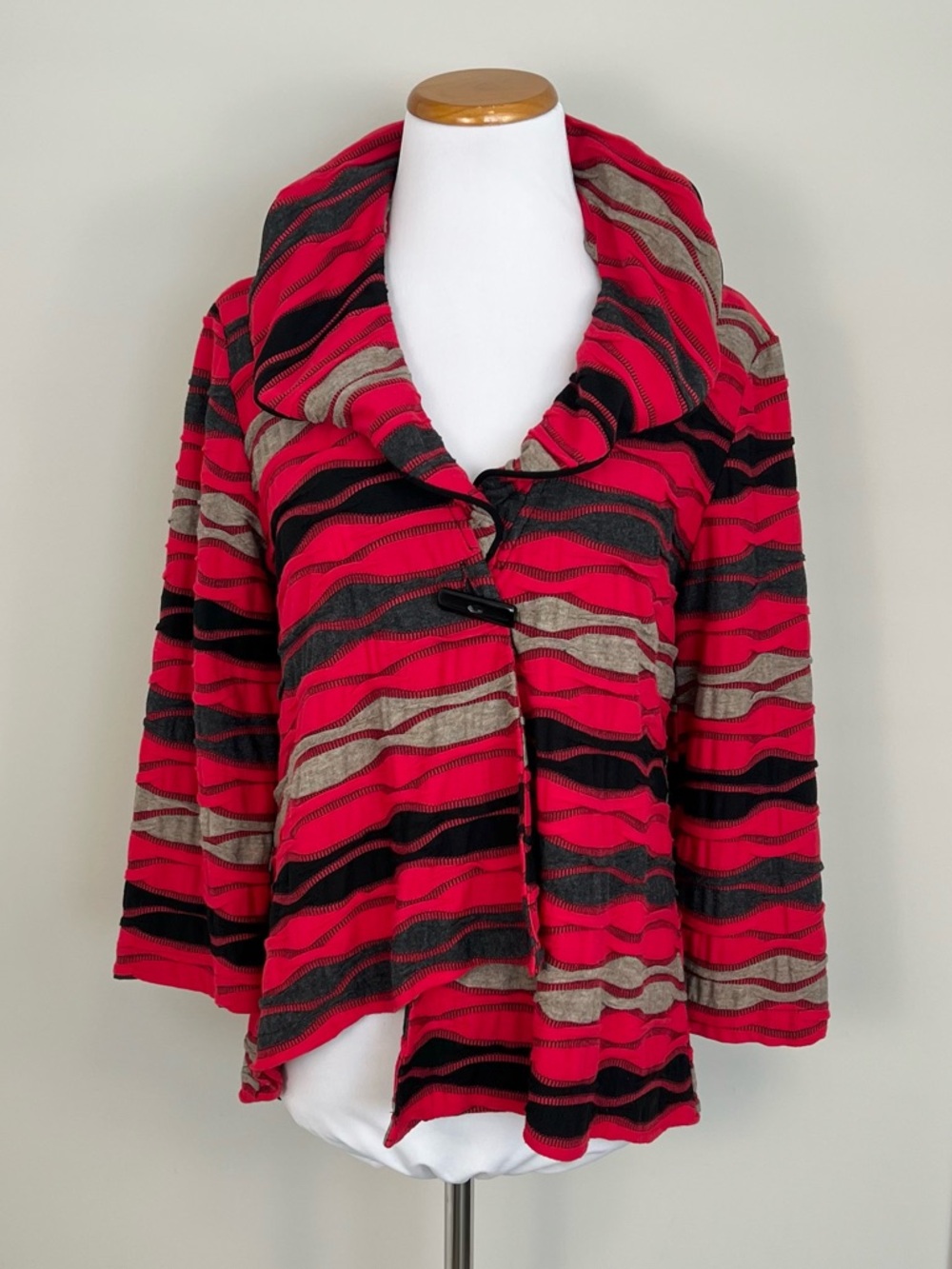 Joseph Ribkoff Red, Black, and Taupe Striped Shawl-Collar Cardigan